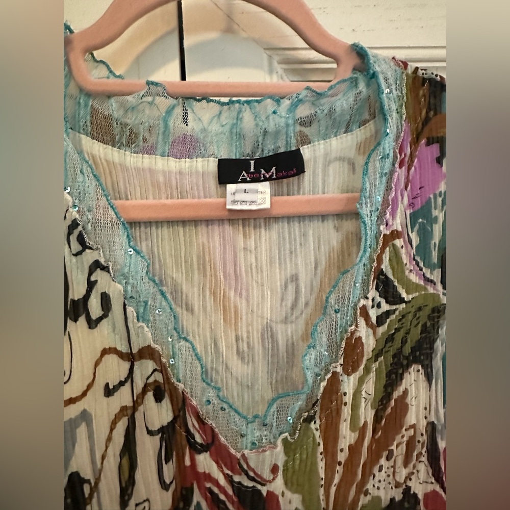 Vintage Sleeveless V-Neck Midi Dress Large Teal, Lavender, Cream & Brown - Picture 2 of 4